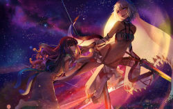 Rule 34 | 10s, 2girls, altera (fate), ass, barefoot, brown hair, collar, collarbone, dark skin, dark-skinned female, dress, fate/extella, fate/extra, fate (series), gluteal fold, holding hands, highres, kishinami hakuno (female), long hair, looking at another, multiple girls, nail polish, navel, photon ray (fate), purple hair, silver hair, sky, star (sky), starry sky, strapless, sunga2usagi, sword, tube top, veil, weapon