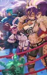 Rule 34 | 1boy, 2girls, abs, animal ear fluff, animal ears, blonde hair, blue eyes, blue hair, brown hair, cat ears, cat tail, choker, claws, comic, crossed arms, duel monster, furry, furry female, goggles, goggles on head, hands up, high ponytail, highres, hsin, jacket, jewelry, knee pads, leopard ears, leopard girl, long hair, multicolored hair, multiple girls, necklace, necktie, open mouth, pants, pink eyes, ponytail, purple hair, shorts, sports bra, streaked hair, tail, thighhighs, thumbs up, tight clothes, tight pants, tooth necklace, vanquish soul caesar valius, vanquish soul dr. mad love, vanquish soul pantera, vanquish soul pluton hg, vanquish soul razen, white hair, wrestling ring, yu-gi-oh!