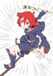 Rule 34 | 10s, 1girl, ahoge, anime coloring, arai hiroki, belt, boots, broom, broom riding, broom surfing, chariot du nord, closed mouth, emphasis lines, female focus, flying, full body, hair between eyes, highres, holding, holding staff, hood, hood down, hoodie, little witch academia, long sleeves, looking at viewer, matching hair/eyes, red eyes, red hair, robe, shiny chariot, shiny rod (little witch academia), short hair, smile, solo, staff, standing, white background, wide sleeves, witch