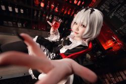 Rule 34 | black nails, cosplay photo, cup, drinking glass, dtto., highres, looking at viewer, nail polish, pale skin, photo (medium), red eyes, scarz, taotan1412, utaite, virtual youtuber, white hair, wine glass