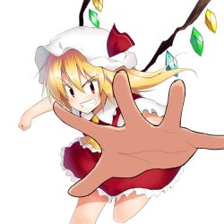 Rule 34 | 1girl, ascot, blonde hair, bow, chipa (arutana), dress, embodiment of scarlet devil, face, female focus, flandre scarlet, foreshortening, grin, hair bow, hat, outstretched hand, reaching, red eyes, short hair, side ponytail, smile, solo, touhou, transparent background, wings