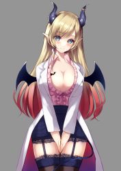 Rule 34 | 1girl, black skirt, blonde hair, blouse, blush, breasts, cleavage, closed mouth, coat, commentary request, cowboy shot, demon girl, demon horns, demon tail, forehead, garter straps, green eyes, grey background, highres, hololive, horn ornament, horns, lace, lace-trimmed legwear, lace trim, large breasts, long coat, long hair, long sleeves, looking at viewer, mahirogi, multicolored hair, own hands together, parted bangs, pink shirt, pointy ears, red hair, shadow, shirt, simple background, skirt, smile, solo, split mouth, streaked hair, tail, thighhighs, two-tone hair, virtual youtuber, white coat, white sleeves, yuzuki choco, yuzuki choco (1st costume)