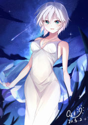 Rule 34 | 1girl, :d, anastasia (idolmaster), breasts, cleavage, collarbone, dated, dress, green eyes, hair between eyes, highres, idolmaster, idolmaster cinderella girls, jewelry, long dress, looking at viewer, medium breasts, necklace, night, night sky, open mouth, qs11, short hair, silver hair, sky, sleeveless, sleeveless dress, smile, solo, standing, star (sky), star (symbol), star necklace, starry sky, white dress