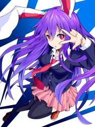 Rule 34 | 1girl, animal ears, black thighhighs, blazer, breasts, highres, ishimu, jacket, large breasts, long hair, looking at viewer, necktie, open mouth, pink eyes, pleated skirt, purple hair, rabbit ears, red necktie, reisen udongein inaba, shirt, skirt, solo, thighhighs, touhou, v, very long hair, zettai ryouiki