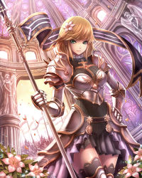 Rule 34 | 1girl, angel, ant (fenixant), armor, army, blonde hair, brown hair, dome, fantasy lore, flag, flower, full armor, gauntlets, hair flower, hair ornament, hand on own hip, indoors, jeanne d&#039;arc (fantasy lore), knight, looking at viewer, official art, polearm, soldier, solo focus, spear, statue, thighhighs, weapon
