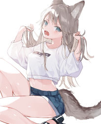Rule 34 | 1girl, animal ears, bare legs, blue eyes, blue shorts, clothes writing, commentary request, crop top, crop top overhang, denim, denim shorts, fangs, grey hair, hands up, highres, holding, holding hair, knee up, long hair, long sleeves, looking at viewer, midriff, mokyuko, navel, open mouth, original, sandals, shirt, short shorts, shorts, simple background, solo, stomach, tail, thighs, white background, white shirt, wolf ears, wolf girl, wolf tail