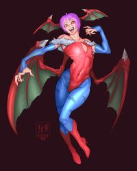 Rule 34 | 1girl, a.b.singh, absurdres, bare shoulders, bat wings, boots, breasts, flat chest, highres, leotard, lilith aensland, open mouth, pink hair, red eyes, short hair, sleeveless, small breasts, vampire (game), wings