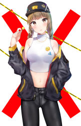 Rule 34 | 1girl, bad id, bad pixiv id, bare shoulders, baseball cap, black hat, black jacket, black pants, blush, braid, breasts, brown eyes, brown hair, candy, caution tape, closed mouth, commentary, food, hat, head tilt, holding, holding candy, holding food, holding lollipop, jacket, keep out, kubong, lollipop, looking at viewer, low twintails, medium breasts, midriff, navel, off shoulder, open clothes, open jacket, original, pants, red background, shirt, sidelocks, sleeveless, sleeveless shirt, solo, twin braids, twintails, two-tone background, white background, white shirt