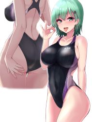 Rule 34 | 1girl, alternate hair length, alternate hairstyle, aqua eyes, aqua hair, ass, black one-piece swimsuit, blush, breasts, competition swimsuit, covered erect nipples, cowboy shot, earrings, from behind, hair ornament, hairclip, highleg, highleg swimsuit, highres, hoop earrings, jewelry, kantai collection, kihou no gotoku dmc, multiple views, one-piece swimsuit, short hair, simple background, suzuya (kancolle), swimsuit, tongue, tongue out, white background