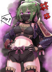 Rule 34 | 1girl, absurdres, anger vein, armor, breasts, cleavage, commentary request, fingerless gloves, genshin impact, glaring, gloves, green hair, hair between eyes, hair ornament, hands on own hips, highres, japanese clothes, kuki shinobu, long hair, long sleeves, looking at viewer, mask, medium breasts, mouth mask, navel, ponytail, purple eyes, scowl, shoulder armor, sidelocks, solo, stomach, tobikaze89, translation request