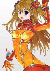 Rule 34 | 00s, 1girl, arm up, ass, blue eyes, blush, bodysuit, breasts, brown hair, evangelion: 2.0 you can (not) advance, gradient background, hair ornament, highres, kusaka souji, long hair, medium breasts, multicolored clothes, neon genesis evangelion, open mouth, plugsuit, rebuild of evangelion, red bodysuit, see-through, see-through bodysuit, shiny clothes, solo, souryuu asuka langley, test plugsuit, very long hair, wide hips