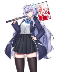 Rule 34 | 1girl, absurdres, black jacket, black skirt, black thighhighs, blood, blood splatter, blue bow, blue bowtie, blue eyes, blush, bow, bowtie, collared shirt, commentary, commission, counter:side, crossed bangs, dress shirt, grey hair, hair intakes, hand on own hip, headgear, highres, holding, holding sign, holding weapon, horizon (counter:side), jacket, long hair, long sleeves, looking at viewer, low ponytail, mapyarong, miniskirt, no smoking, open clothes, open jacket, over shoulder, pleated skirt, road sign, shirt, sidelocks, sign, simple background, skindentation, skirt, solo, standing, thighhighs, very long hair, weapon, weapon over shoulder, white background, white shirt, zettai ryouiki