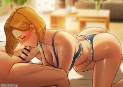 Rule 34 | 1girl, absurdres, all fours, android 18, ass, bar censor, bed, blonde hair, blue eyes, blurry, blurry background, blush, bob cut, bra, breasts, breath, calvin klein, censored, cleavage, dragon ball, dragonball z, earrings, embarrassed, fellatio, from side, half-closed eyes, highres, indoors, jewelry, large breasts, legs, lying, medium hair, on bed, oral, panties, penis, roborobocap, sweat, thighs, thong, underwear, underwear only