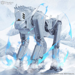 Rule 34 | absurdres, artist request, azur lane, cannon, copyright name, copyright notice, fur hat, hat, highres, joints, mecha, no humans, non-humanoid robot, official art, papakha, robot, robot joints, science fiction, snow, snowing, turret, walker (robot), walking, white headwear