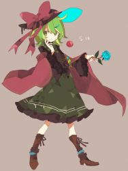 Rule 34 | 1girl, alternate color, bad id, bad pixiv id, bandaid, bandaid on face, black hat, black shirt, blue flower, blue rose, boots, bow, brooch, brown footwear, cape, flower, frills, full body, green eyes, green hair, green skirt, hand on own cheek, hand on own face, hat, hat bow, hatsushiro mamimu, highres, holding, holding flower, jewelry, knee boots, komeiji koishi, long sleeves, looking at viewer, outstretched arm, red bow, red cape, rose, shirt, short hair, simple background, skirt, smile, solo, third eye, touhou, wide sleeves