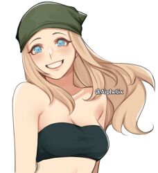 Rule 34 | 1girl, aiphelix, bandana, blonde hair, blue eyes, blush, breasts, commentary, english commentary, fullmetal alchemist, green bandana, grin, happy, highres, long hair, looking at viewer, medium breasts, simple background, smile, strapless, tube top, upper body, white background, winry rockbell