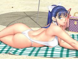 Rule 34 | 1girl, 3d, :d, armpits, ass, back, bag, beach, blue eyes, blue hair, blush, bow, breasts, covered erect nipples, day, earrings, game cg, hair bow, jewelry, large breasts, lipstick, long hair, looking at viewer, looking back, lying, makeup, matching hair/eyes, mifune nagisa, on stomach, one-piece swimsuit, one-piece thong, open mouth, outdoors, panties, parasol, plaid, ponytail, profile, sand, shadow, sideboob, sister mermaid, slingshot swimsuit, smile, solo, swimsuit, thong, towel, tsukasa jun, umbrella, underboob, underwear, white one-piece swimsuit