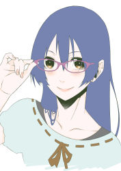 Rule 34 | 1girl, absurdres, adjusting eyewear, blue hair, blush, closed mouth, collarbone, commentary request, glasses, hair between eyes, hand on eyewear, highres, long hair, looking at viewer, love live!, love live! school idol project, portrait, short sleeves, simple background, smile, solo, sonoda umi, vice (kuronekohadokoheiku), white background, yellow eyes