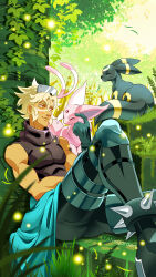 Rule 34 | 1boy, absurdres, against tree, blonde hair, closed eyes, creatures (company), day, espeon, forest, game freak, gen 2 pokemon, gloves, highres, knee up, male focus, nature, nintendo, orange eyes, outdoors, pokemon, pokemon (creature), pokemon colosseum, shirt, sidelocks, sleeveless, sleeveless shirt, smile, spiked anklet, tree, umbreon, wes (pokemon), yamsgarden