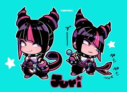 Rule 34 | 1girl, black hair, blue background, blue eyes, candy, character name, chibi, chibi only, closed mouth, collar, diagonal bangs, fingerless gloves, food, gloves, hair horns, han juri, heterochromia, holding, holding candy, holding food, holding lollipop, kotorai, lollipop, multicolored hair, multiple views, no nose, outline, short hair, simple background, spiked collar, spikes, star (symbol), streaked hair, street fighter, translation request, unamused, white outline