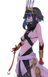 Rule 34 | 1girl, bare shoulders, black hair, black skirt, blood, blood on hands, blue hair, bracer, breasts, colored inner hair, detached collar, facepaint, fate/grand order, fate (series), feathers, grey eyes, halterneck, headdress, high collar, minami koyogi, multicolored hair, pelvic curtain, profile, sash, short hair, sideboob, sidelocks, skirt, small breasts, solo, tassel, tenochtitlan (fate), tenochtitlan (first ascension) (fate), thighs, white background