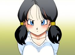 Rule 34 | 1girl, angry, basara, black hair, blue eyes, blush, breasts, collarbone, dragon ball, dragonball z, highres, long hair, looking at viewer, simple background, solo, staring, twintails, videl
