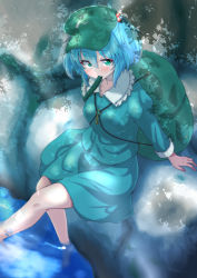 Rule 34 | 1girl, backpack, bad id, bad pixiv id, bag, blue hair, blue shirt, blue skirt, commentary request, cucumber, dappled sunlight, food in mouth, from above, green eyes, green hat, hair between eyes, hair bobbles, hair ornament, hat, highres, kawashiro nitori, key, light smile, long sleeves, looking at viewer, medium hair, mukkushi, outdoors, rock, shirt, sitting, skirt, soaking feet, solo, sunlight, touhou