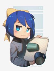 Rule 34 | 1girl, blue eyes, blue hair, blush, bow, cup, dated, falling, hair bow, highres, holding, holding tray, jitome, kibo-chan, looking at viewer, original, porforever, ribbon, signature, solo, sweater, tray, turtleneck, turtleneck sweater, yellow bow, yellow ribbon