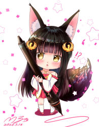 Rule 34 | !?, 1girl, animal ear fluff, animal ears, azur lane, bare shoulders, bird hair ornament, black hair, blunt bangs, blush, carrying, chibi, collarbone, commentary request, detached sleeves, dress, fox ears, fox girl, fox tail, full body, hair ornament, japanese clothes, jewelry, kneehighs, long hair, looking at viewer, m ko (maxft2), nagato (azur lane), necklace, off-shoulder dress, off-shoulder shirt, off shoulder, parted lips, pen, shirt, sidelocks, signature, simple background, smile, socks, solo, star (symbol), starry background, strapless, strapless dress, tail, very long hair, white background, white socks, yellow eyes