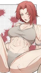 Rule 34 | 1girl, abs, absurdres, blush, gebura (project moon), highres, lobotomy corporation, looking at viewer, nb8c, one eye closed, open mouth, panties, project moon, red hair, scar, scar across eye, scar on chest, scar on face, short hair, sitting, solo, sports bra, spread legs, sweat, underwear