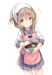 Rule 34 | 10s, 1girl, apron, brown eyes, brown hair, chocolate, commentary request, flying sweatdrops, folded ponytail, inazuma (kancolle), kantai collection, looking at viewer, mixing bowl, school uniform, serafuku, skirt, sleeves pushed up, smile, solo, spoon, tenugui, wataame27