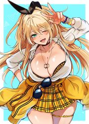 Rule 34 | 1girl, :d, animal print, blonde hair, blush, bra, bra peek, bracelet, breasts, checkered clothes, checkered skirt, choker, cleavage, clothes around waist, dimjh, eyewear hang, goddess of victory: nikke, green eyes, hair between eyes, highres, huge breasts, jacket, jacket around waist, jewelry, leopard print, long hair, looking at viewer, one eye closed, open mouth, ponytail, rupee (nikke), scrunchie, shirt, skirt, smile, solo, sunglasses, thighlet, unbuttoned, unbuttoned shirt, underwear, unworn eyewear, w, white shirt, wrist scrunchie, yellow jacket, yellow skirt