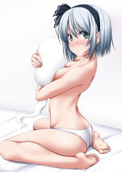 Rule 34 | 1girl, ass, bad id, bad twitter id, bare legs, barefoot, bed sheet, black hairband, black ribbon, blush, breasts, cleavage, closed mouth, embarrassed, from side, grabbing, grabbing another&#039;s breast, grabbing own breast, green eyes, hair ribbon, hairband, highres, konpaku youmu, konpaku youmu (ghost), looking at viewer, looking to the side, medium breasts, nori tamago, nose blush, panties, ribbon, self hug, short hair, silver hair, simple background, solo, sweat, topless, touhou, underwear, underwear only, white background, white panties