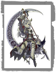 Rule 34 | asymmetrical clothes, bandages, belt, blade, blue eyes, chain, horns, long hair, nakabayashi reimei, navel, original, pointy ears, single thighhigh, solo, thighhighs, weapon, white hair