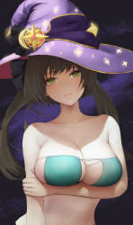 Rule 34 | 1girl, a494800, absurdres, bare arms, bare shoulders, bikini, black hair, breasts, cleavage, collarbone, commentary request, eyepatch bikini, genshin impact, green eyes, hat, highres, large breasts, lips, long hair, mona (genshin impact), simple background, solo, strapless, strapless bikini, swimsuit, upper body, witch hat