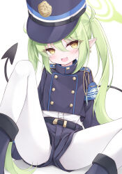 Rule 34 | 1girl, black hat, blue archive, demon tail, fang, feet out of frame, green hair, halo, hat, hikari (blue archive), highres, mochizuki riku, pantyhose, pointy ears, skin fang, solo, tail, white pantyhose, yellow eyes
