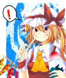Rule 34 | !, 1girl, :t, ascot, bad id, bad pixiv id, blonde hair, blush, bow, crystal, eating, female focus, flandre scarlet, food, fumiko (miruyuana), hat, hat bow, highres, multicolored eyes, pointy ears, purple eyes, red eyes, shaved ice, short hair, short sleeves, side ponytail, slit pupils, solo, spoken exclamation mark, touhou, wavy mouth, wings, wrist cuffs