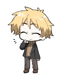 1boy ^_^ atou_haruki bad_id bad_pixiv_id black_jacket blonde_hair brown_footwear brown_pants brown_sweater chibi chibi_only closed_eyes closed_mouth commentary_request hand_on_own_cheek hand_on_own_face highres jacket long_sleeves male_focus notice_lines open_clothes open_jacket pants ribbed_sweater saibou_shinkyoku short_hair simple_background smile solo sweater turtleneck turtleneck_sweater white_background yagidon