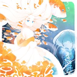 Rule 34 | 1girl, air bubble, blue background, blue eyes, bubble, closed mouth, colored skin, commentary request, dress, fish, floating hair, from side, halphelt, jellyfish, koi, long dress, long hair, looking at viewer, looking to the side, orange dress, original, solo, strapless, strapless dress, underwater, white hair, white skin