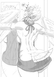 Rule 34 | 1girl, absurdres, back, backboob, bird tail, blood, bloody tears, breasts, commentary request, feathered wings, feathers, futaba channel, glasses, greyscale, harpy, heart, highres, large breasts, looking back, maid headdress, meme attire, mirror, monochrome, monster girl, nijiura maids, nipple slip, nipples, owl girl, short hair, solo, sorahachi midoro, spoken heart, tail, virgin killer sweater, winged arms, wings, yabai