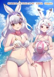 Rule 34 | 2girls, :3, animal ears, arctic hare (kemono friends), ball, bare arms, bare shoulders, beach, beachball, bikini, bow, bowtie, bracelet, choker, curly hair, hair bow, hair ornament, heart, heart hair ornament, jewelry, kemono friends, kemono friends 3, looking at viewer, midriff, multiple girls, navel, necklace, official alternate costume, official art, one-piece swimsuit, orange eyes, pink bow, pink bowtie, pink choker, pink one-piece swimsuit, purple bow, rabbit ears, rabbit girl, rabbit tail, red eyes, short hair, sidelocks, snowshoe hare (kemono friends), swimsuit, tadano magu, tail, white bikini, white hair