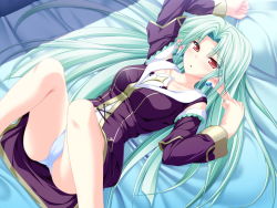 Rule 34 | 1girl, aqua hair, bed, blush, cecile absentia, detached sleeves, dress, earrings, from above, highres, jewelry, long hair, lying, magus tale, on back, panties, pointy ears, red eyes, solo, tenmaso, underwear, very long hair, white panties