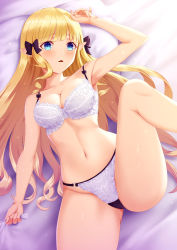 Rule 34 | 1girl, absurdres, bare shoulders, black bow, blonde hair, blue eyes, blush, bow, bra, breasts, cleavage, collarbone, elf, fujifuji924, hair bow, highres, large breasts, long hair, looking at viewer, navel, open mouth, panties, pointy ears, princess connect!, saren (princess connect!), solo, spread legs, thighs, underwear, white bra, white panties