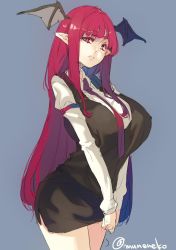 Rule 34 | 1girl, armband, black skirt, black vest, breasts, closed mouth, collared shirt, commentary request, cowboy shot, dress shirt, highres, huge breasts, koakuma, long hair, looking at viewer, muneneko, necktie, pointy ears, red eyes, red hair, red necktie, shirt, sidelocks, simple background, skirt, skirt set, solo, touhou, v arms, very long hair, vest, white background, white shirt