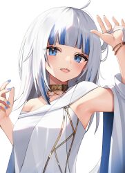 Rule 34 | 1girl, ahoge, armpits, bare shoulders, blue eyes, blue hair, blue nails, blunt bangs, blush, bracelet, collar, commentary, gawr gura, gawr gura (party dress), highres, hololive, hololive english, jewelry, looking at viewer, medium hair, multicolored hair, nail polish, open mouth, playing with own hair, sharp teeth, sidelocks, solo, streaked hair, teeth, thomas 8000, toga, virtual youtuber, white background, white hair