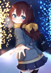 Rule 34 | 1girl, bag, blue eyes, blue jacket, blue skirt, blurry, blurry background, blush, breath, brown hair, brown sweater, closed mouth, commentary request, depth of field, fringe trim, hair between eyes, head tilt, jacket, kokone (coconeeeco), long hair, long sleeves, looking at viewer, looking to the side, orange scrunchie, original, outdoors, plaid, plaid scarf, pleated skirt, scarf, school bag, scrunchie, sidelocks, skirt, smile, snow, solo, standing, sweater