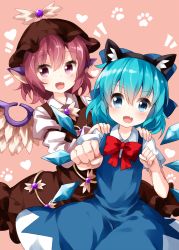 Rule 34 | 2girls, :d, animal ears, armband, arms up, bird wings, blue dress, blue eyes, blue hair, blush, bow, bowtie, brown dress, brown headwear, cat ears, cirno, clenched hands, cowboy shot, dress, fake animal ears, fang, feathered wings, foreshortening, hair between eyes, hair bow, hands on another&#039;s shoulders, hat, head tilt, heart, highres, leaning to the side, long sleeves, looking at viewer, multiple girls, mystia lorelei, open mouth, outstretched hand, paw print, pinafore dress, pink background, pink hair, puffy short sleeves, puffy sleeves, purple eyes, red neckwear, ruu (tksymkw), shirt, short hair, short sleeves, simple background, sleeveless dress, smile, touhou, white neckwear, white shirt, wings