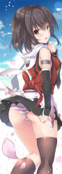 Rule 34 | 10s, 1girl, asymmetrical legwear, bare shoulders, black skirt, black socks, blue sky, blush, breasts, brown eyes, brown hair, cloud, cloudy sky, elbow gloves, fingerless gloves, gloves, kantai collection, kneehighs, looking at viewer, looking back, open mouth, panties, pantyshot, petals, pleated skirt, ribbon, scarf, school uniform, sendai (kancolle), sendai kai ni (kancolle), serafuku, single kneehigh, single sock, single thighhigh, skirt, sky, small breasts, socks, solo, standing, striped clothes, striped panties, takanashi haruto, thighhighs, two side up, underwear, uneven legwear, white scarf, wind, wind lift