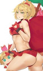 Rule 34 | 1girl, :&gt;, absurdres, ass, bikini, bikini skirt, blonde hair, blush, box, braid, breasts, christmas tree, commentary, cowboy shot, deccatezu, english commentary, fate/grand order, fate (series), fingerless gloves, french braid, gift, gift box, gloves, green eyes, hair between eyes, hair ornament, hair scrunchie, hand on another&#039;s head, highres, long hair, looking at viewer, median furrow, mordred (fate), ponytail, raised eyebrow, red bikini, red gloves, red ribbon, red scrunchie, ribbon, sack, scrunchie, sidelocks, skirt, solo, swimsuit, thighs, twitter username, white background