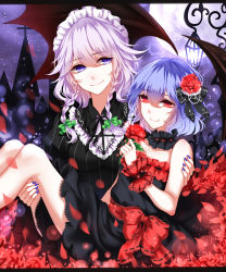 Rule 34 | 2girls, absurdres, alternate costume, bad id, bad pixiv id, bare shoulders, bat wings, black bow, black dress, blue hair, blue nails, bow, braid, carrying, choker, collarbone, cross, dress, flower, frilled choker, frilled shirt collar, frills, full moon, green bow, hair bow, hair flower, hair ornament, highres, holding, holding flower, izayoi sakuya, juliet sleeves, lace, lace-trimmed dress, lace trim, lamppost, long sleeves, looking at another, maid, maid headdress, moon, multiple girls, nail polish, off-shoulder dress, off shoulder, princess carry, puffy sleeves, purple eyes, red eyes, red flower, red rose, remilia scarlet, rose, sash, sheya, short hair, silver hair, smile, strapless, strapless dress, striped clothes, striped dress, touhou, twin braids, vertical-striped clothes, vertical-striped dress, wings, wrist cuffs